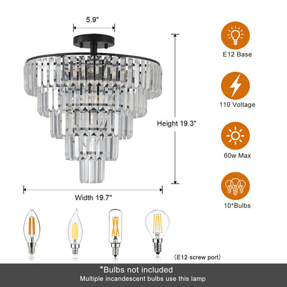 Rivora 20" Black Contemporary Crystal Semi Flush Mount Ceiling Light – Dining Room Ceiling Fixture