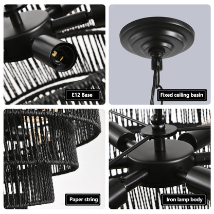 Rivora 24" Black Boho Farmhouse Hemp Rope Chandelier – Dining Room Ceiling Fixture